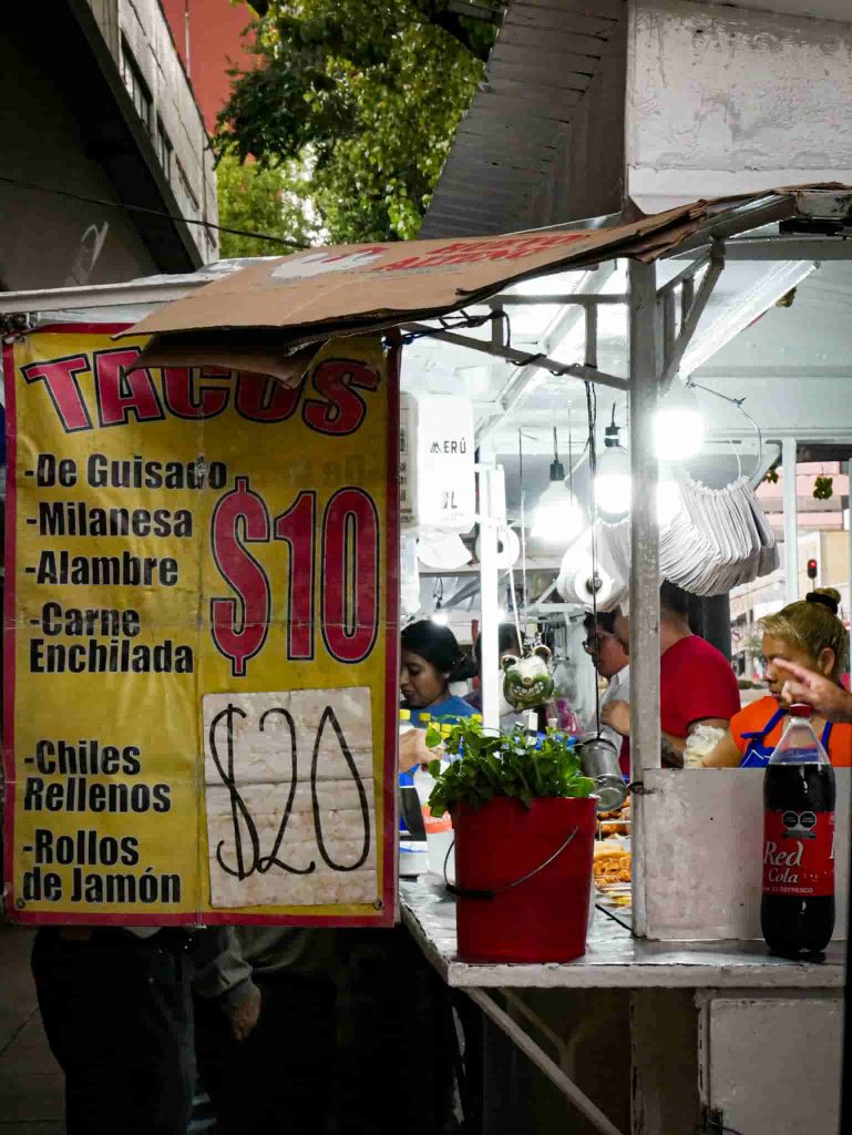 Prices of the street food in Mexico City, very cheap